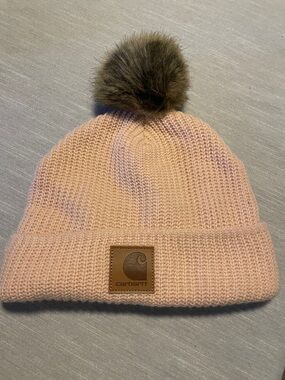 Carhartt Light Pink Knit Beanie with Brown Faux Fur Pom